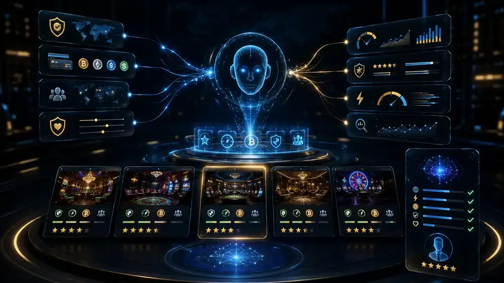 AI casino finder dashboard comparing reviewed casinos, payment options and safety scores