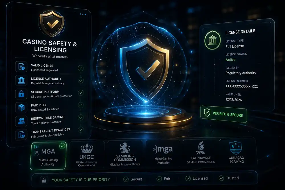 Premium AI casino safety dashboard with licensing and payment checks