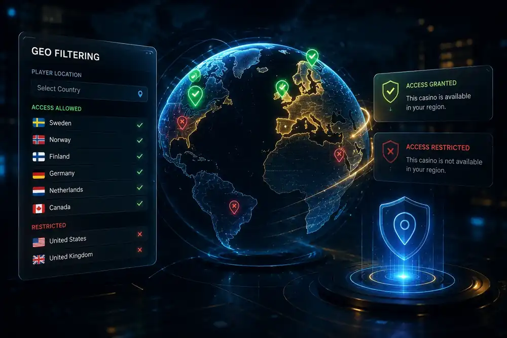 Geo filtering interface showing allowed and restricted casino markets
