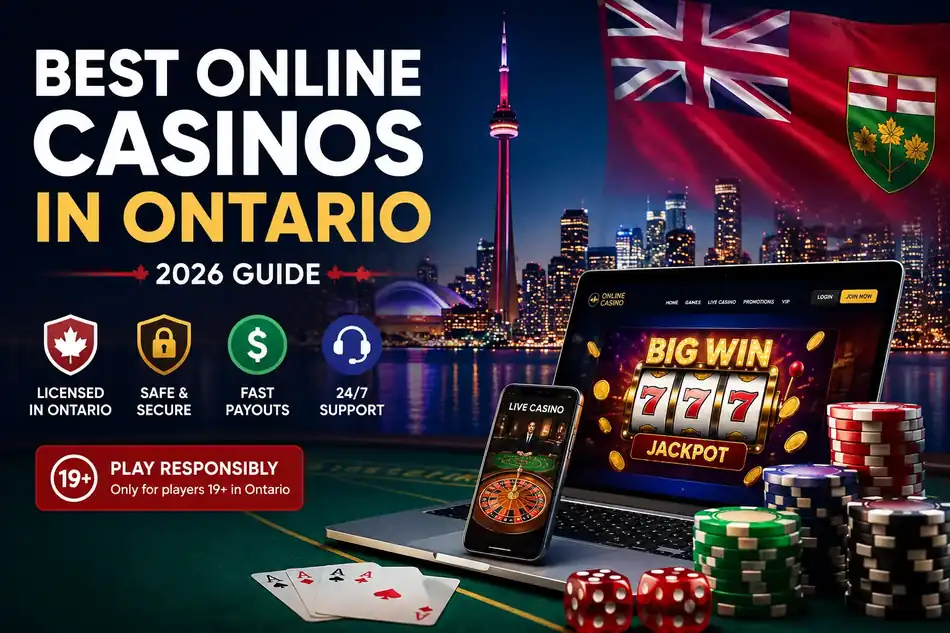 Best online casinos in Ontario 2026 guide with Toronto skyline, Ontario flag, licensed casino icons and responsible gambling notice
