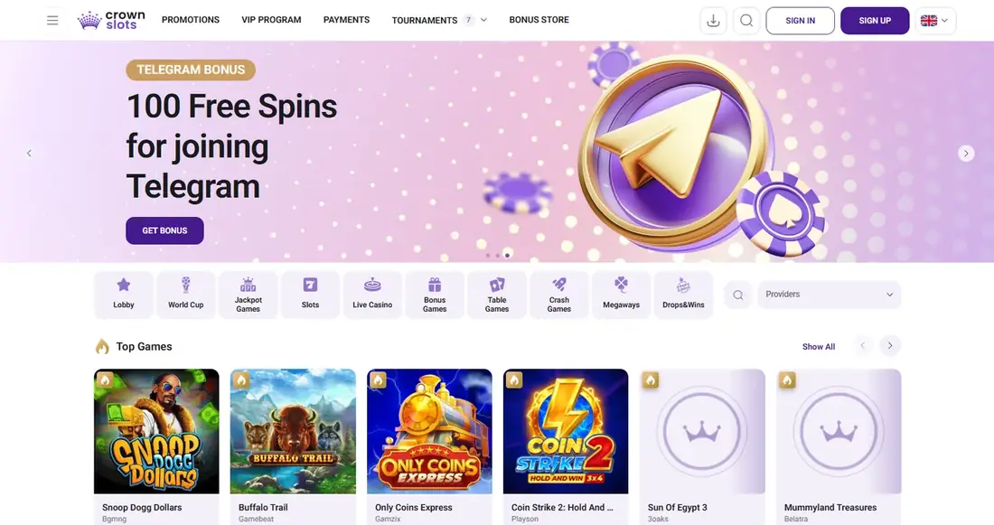 CrownSlots lobby screenshot showing the Telegram free spins promotion