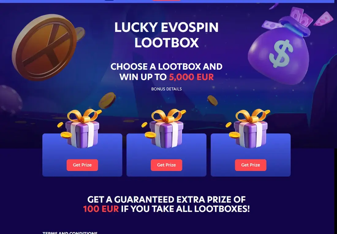 Evospin Lucky Lootbox screenshot showing up to 5,000 EUR prize message