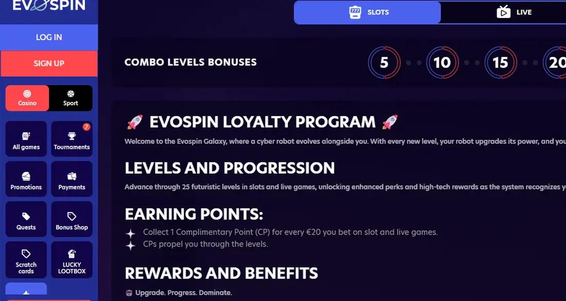 Evospin loyalty program screenshot showing 25 levels and points explanation