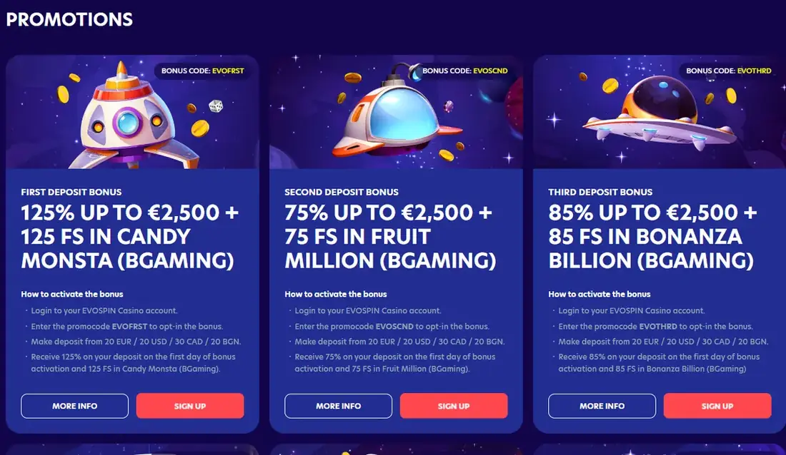 Evospin promotions screenshot showing welcome bonuses and highroller deposit bonuses
