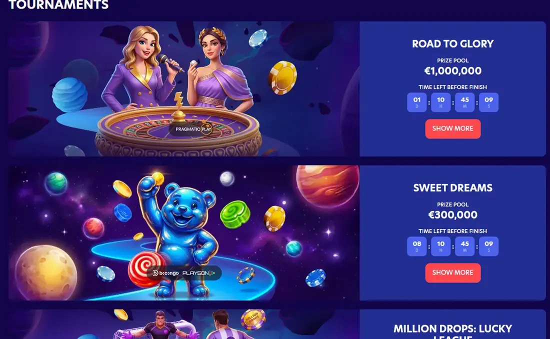 Evospin tournaments screenshot showing Road to Glory and Sweet Dreams prize pools