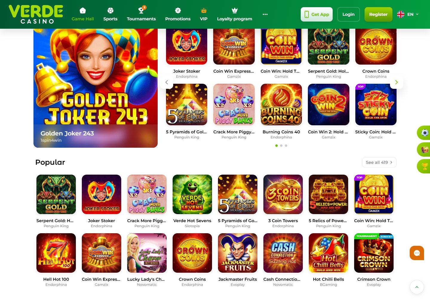 Verde Casino game lobby with top games, provider filters and slot cards