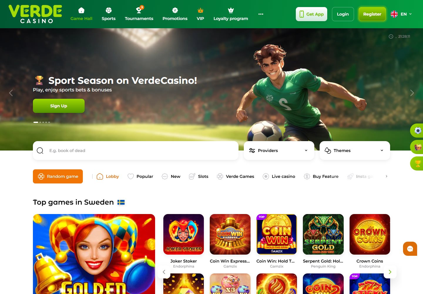 Verde Casino homepage screenshot showing sports season promotion, game lobby, search and slot cards