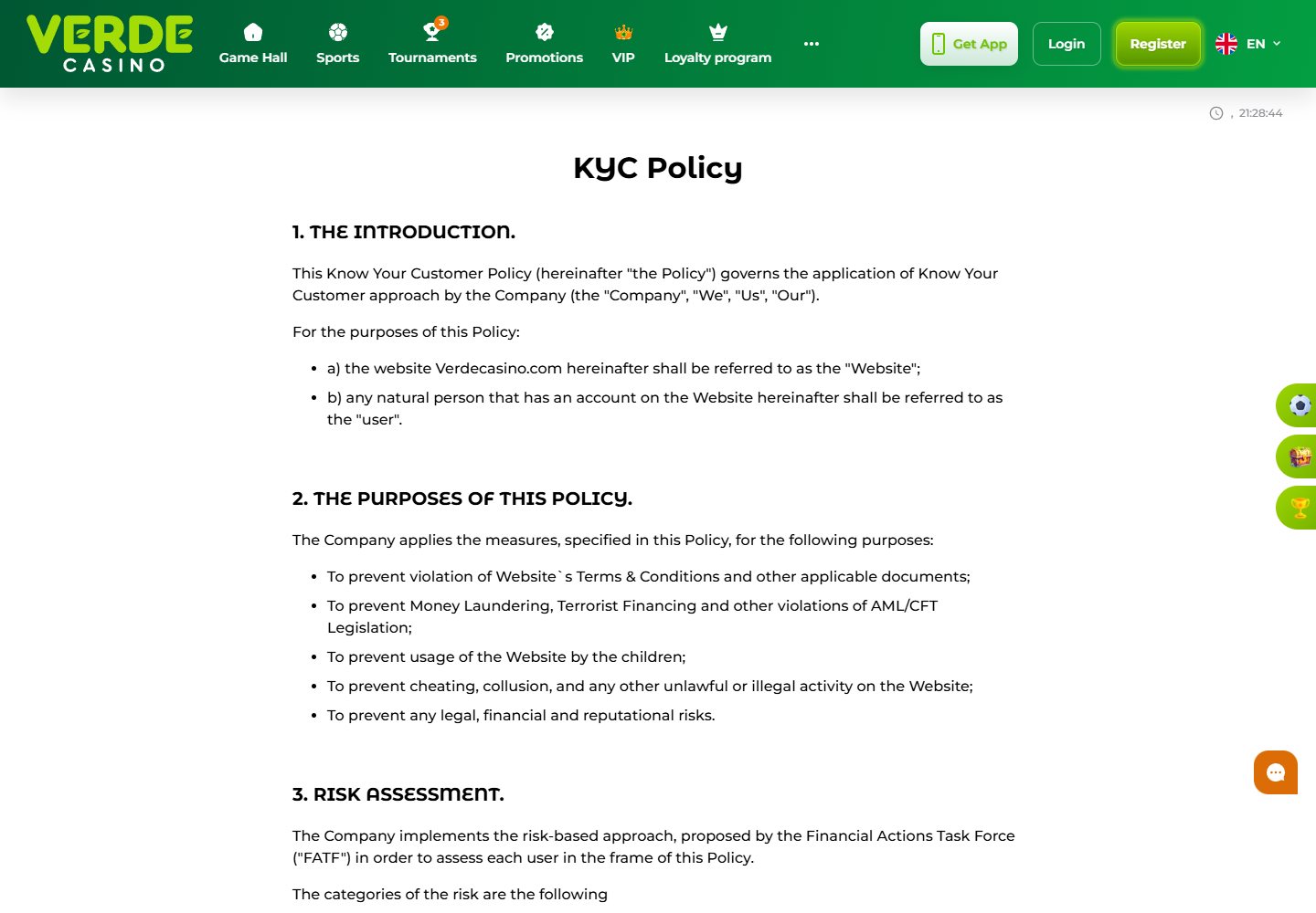 Verde Casino KYC policy page showing identity verification policy text