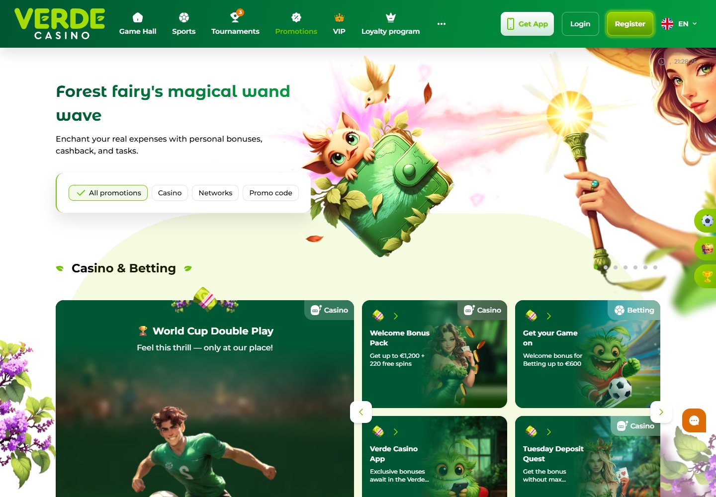 Verde Casino promotions page with welcome bonus, World Cup promo and weekly offers